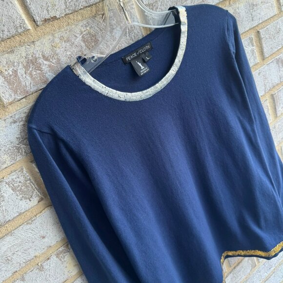 Peace of Cloth Long Sleeve Crew Neck Gold/Silver Tone Trim Blue Blouse Size L - Picture 5 of 8